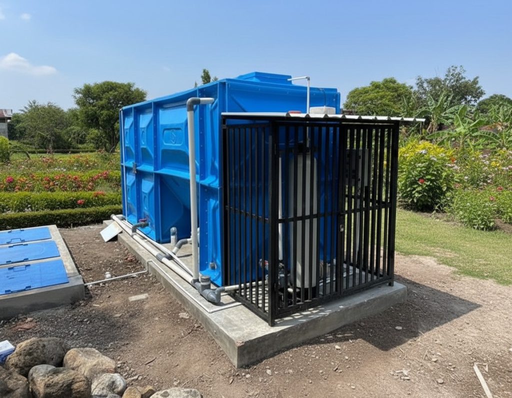 Visualisasi komponen sistem IPAL MBG untuk pengolahan air limbah dapur Makan Bergizi Gratis yang higienis.