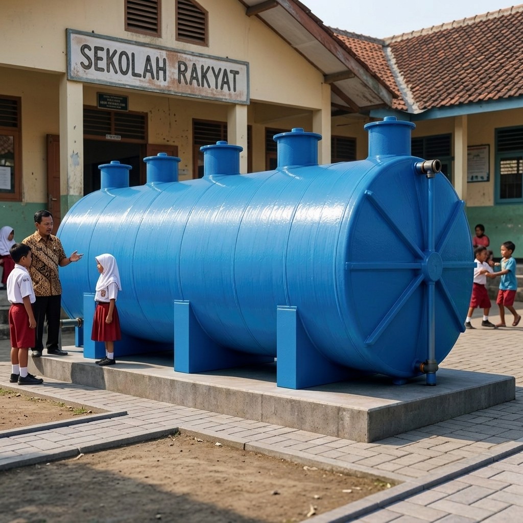 Filtrasi Sekolah Rakyat dengan sistem penyaringan air bersih menggunakan filter berkualitas untuk menghasilkan air yang jernih, aman, dan layak digunakan.